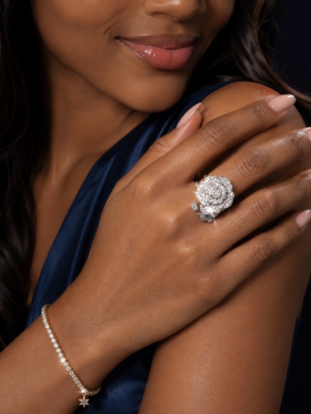 Silver Crystal Rose Statement Ring | Luxe Floral Cocktail Ring | Sparkling Rhine - Picture 6 of 7